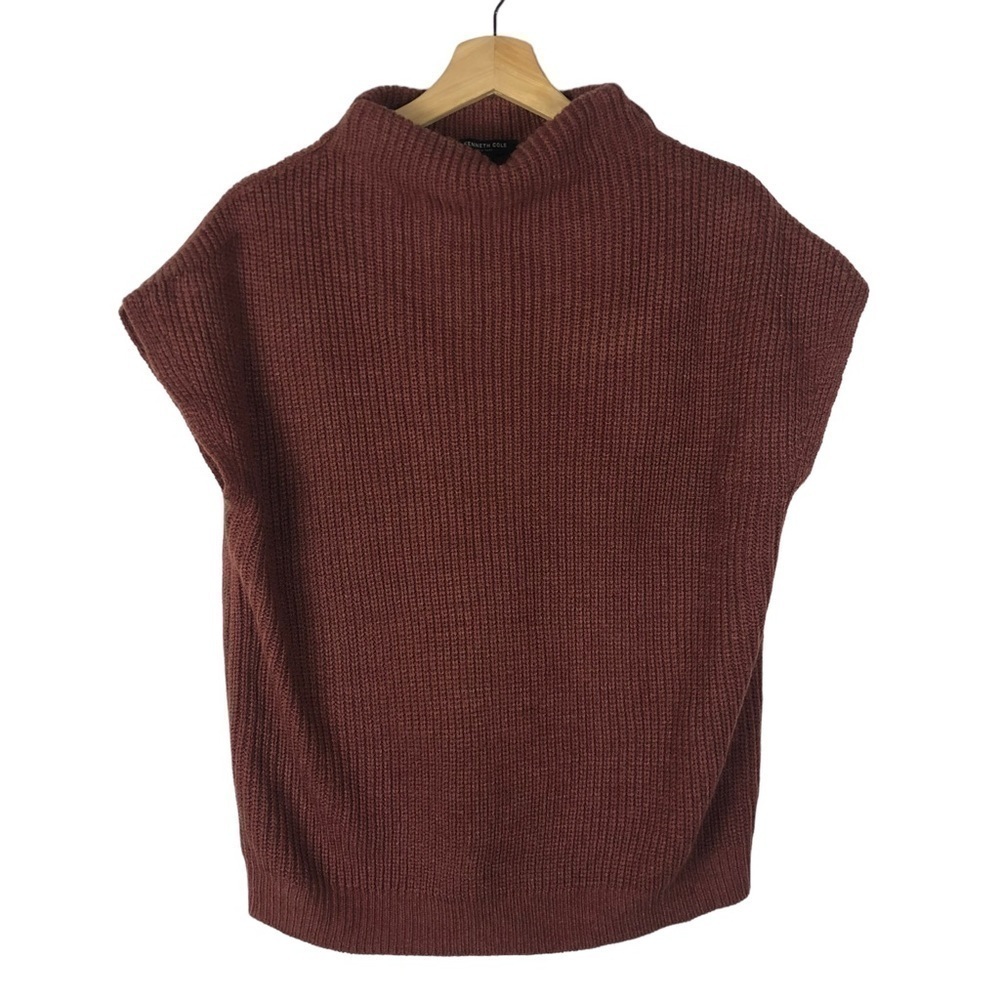 Kenneth Cole Red Ribbed Mock Neck Short Sleeve Sweater S